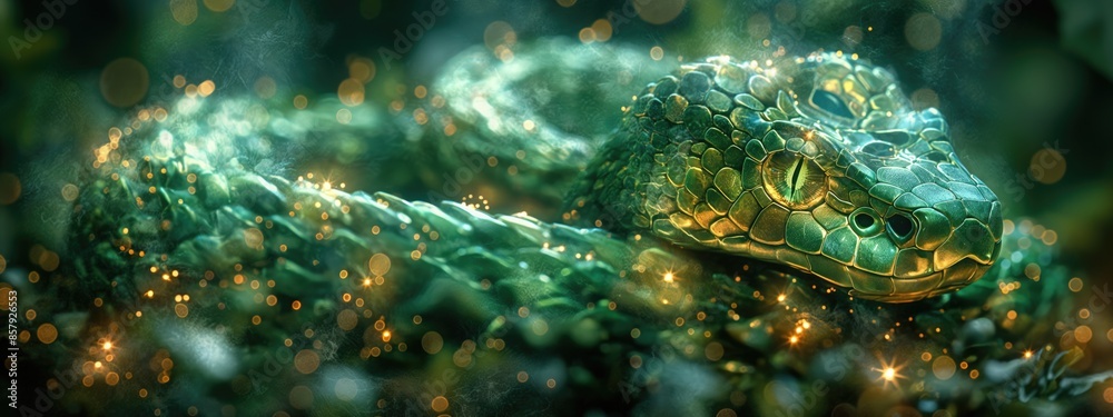 Fototapeta premium Iridescent Green Snake Coiled Among Glowing Particles in a Mystical Jungle Setting. Symbol of 2025 Chinese Zodiac, Chinese New Year, Year of the Snake.