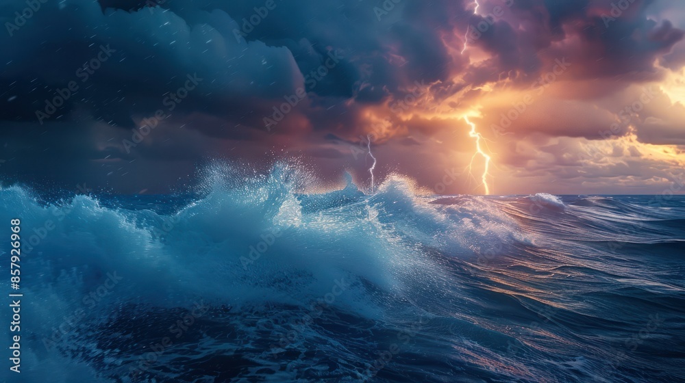 Dramatic ocean waves under a stormy sky with intense lightning strikes ...