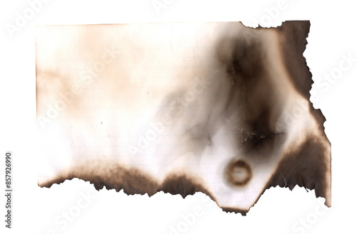 Burnt page on a white background. Vintage burned paper edges heart background