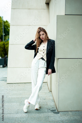 portrait of a beautiful girl in a business suit in the city