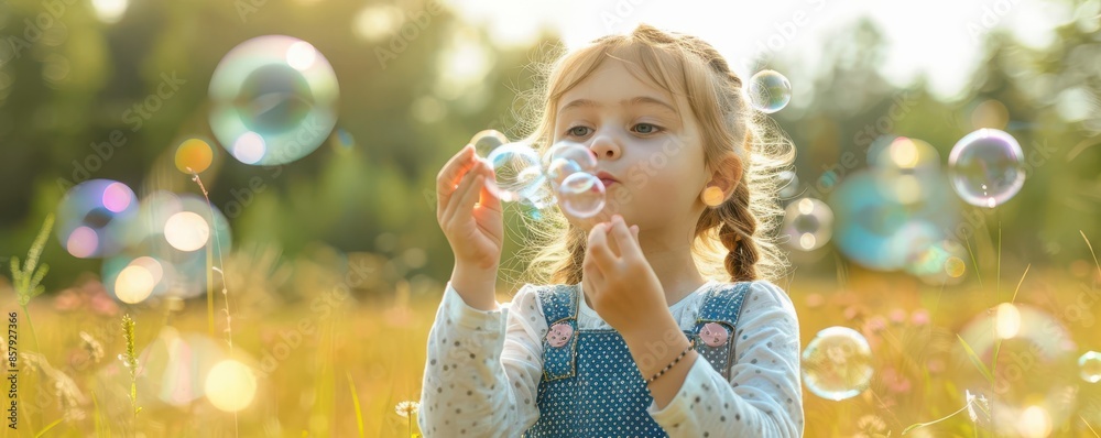 Girl in polka dot overalls, sunny meadow, blowing bubbles, playful kidswear, bright and cheerful Girl in polka dot overalls, sunny meadow, blowing bubbles, playful kidswear, bright and cheerful