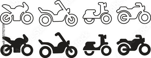 Motorcycles and bicycles line, flat icons Set editable stock. Motocross and delivery retro modern vehicle side view on transparent background. Transport symbols. Bike silhouettes for app and websites.
