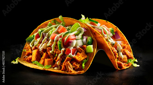 A pair of vibrant fast food jackfruit tacos filled with seasoned jackfruit, fresh vegetables, and a drizzle of lime crema