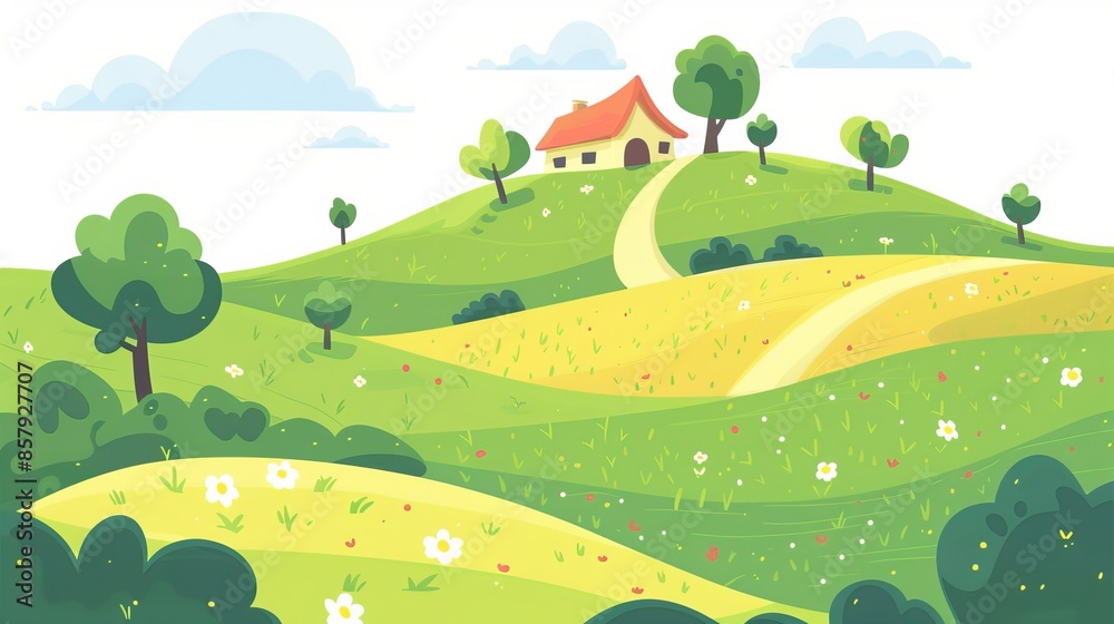Naklejka premium Rolling hills with gentle slopes and patches of green meadows. Dotted with small farmhouses, barns, and windmills. A clear blue sky with fluffy white clouds overhead.