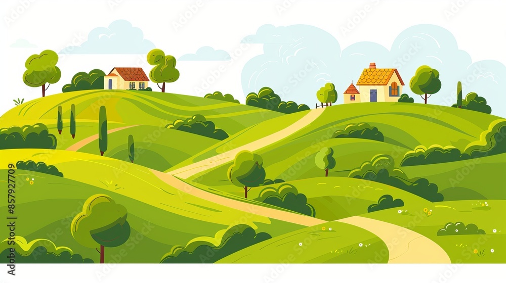 Obraz premium Rolling hills with gentle slopes and patches of green meadows. Dotted with small farmhouses, barns, and windmills. A clear blue sky with fluffy white clouds overhead.