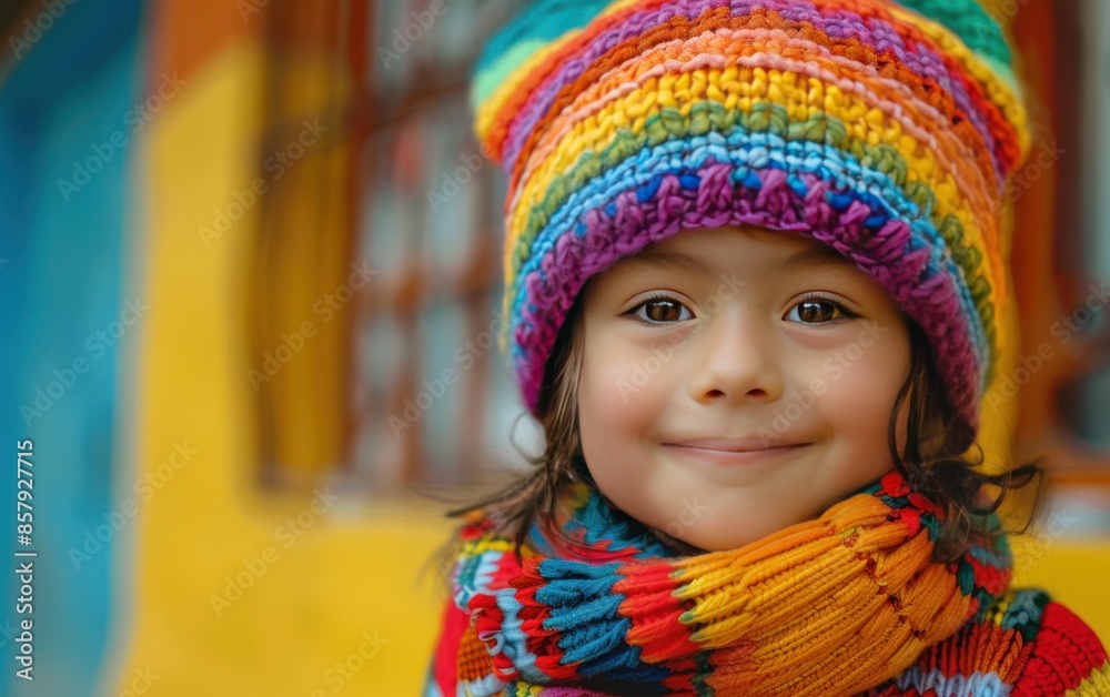 Smiling Girl Wearing Rainbow Knit Hat and Scarf Outdoors Smiling Girl Wearing Rainbow Knit Hat and Scarf Outdoors