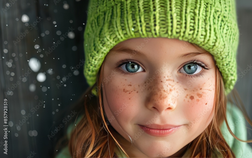 A Young Girl With Freckles Wearing a Green Knit Hat in Winter