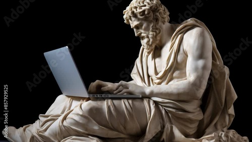 A detailed statue of an ancient Greek philosopher or deity using a modern laptop, blending classical art with contemporary technology. photo