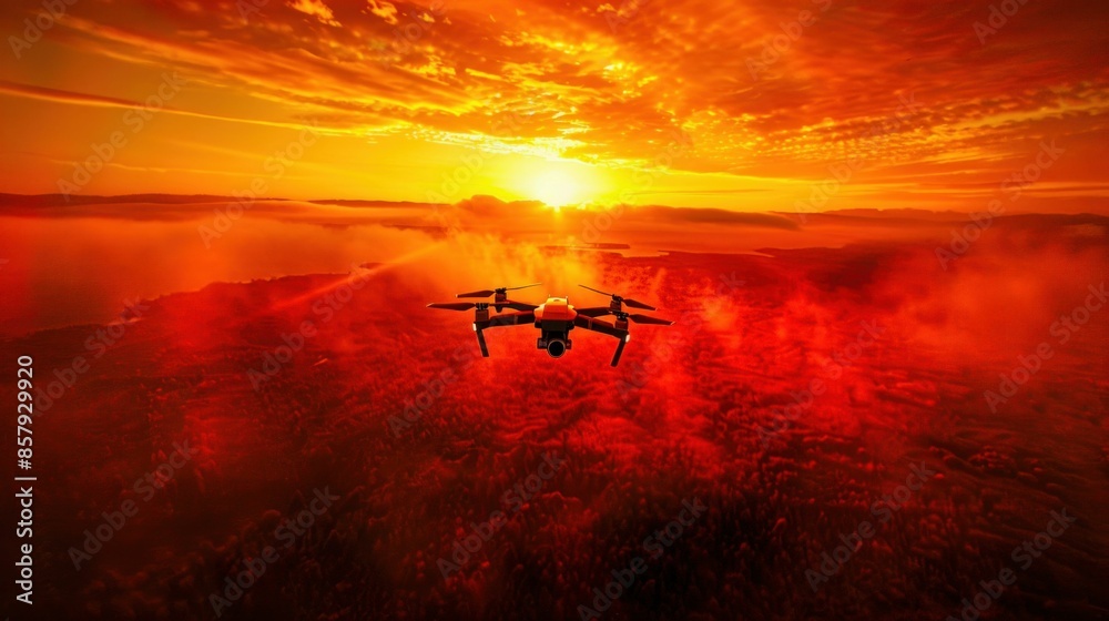 Drone Flying Over Fiery Landscape at Sunset. Generative ai Drone Flying Over Fiery Landscape at Sunset. Generative ai