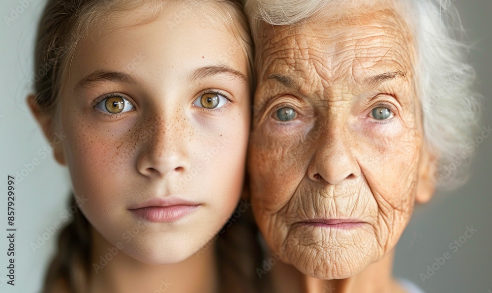 Young Girl and Elderly Woman Face to Face. Generative ai Young Girl and Elderly Woman Face to Face. Generative ai