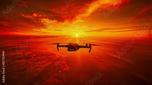 Drone Flying Over Fiery Landscape at Sunset. Generative ai © Scrudje