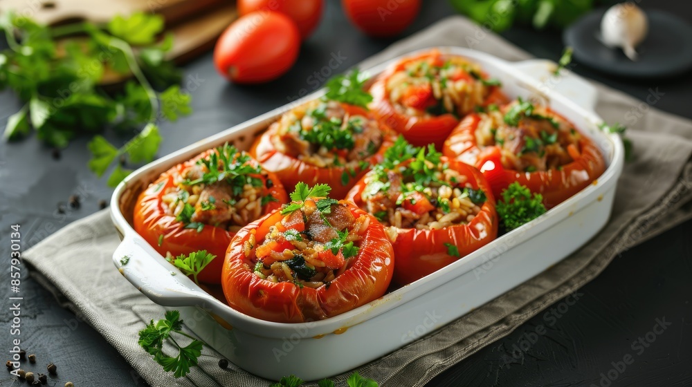 Close-up of a silver platter with four stuffed tomatoes, filled with rice and garnished with parsley Close-up of a silver platter with four stuffed tomatoes, filled with rice and garnished with parsley
