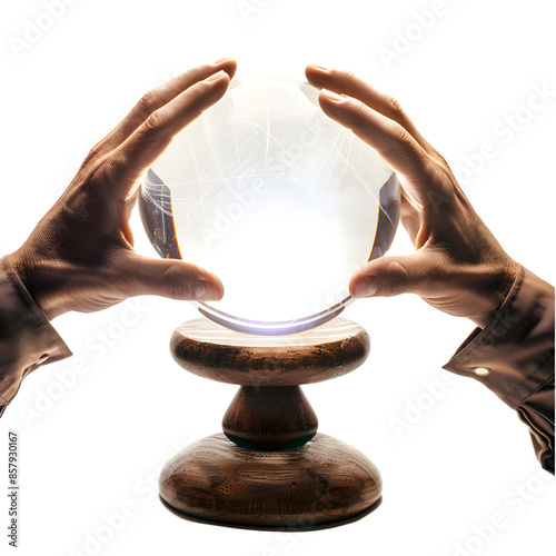 Two Hands Holding a Crystal Ball on a Wooden Stand.