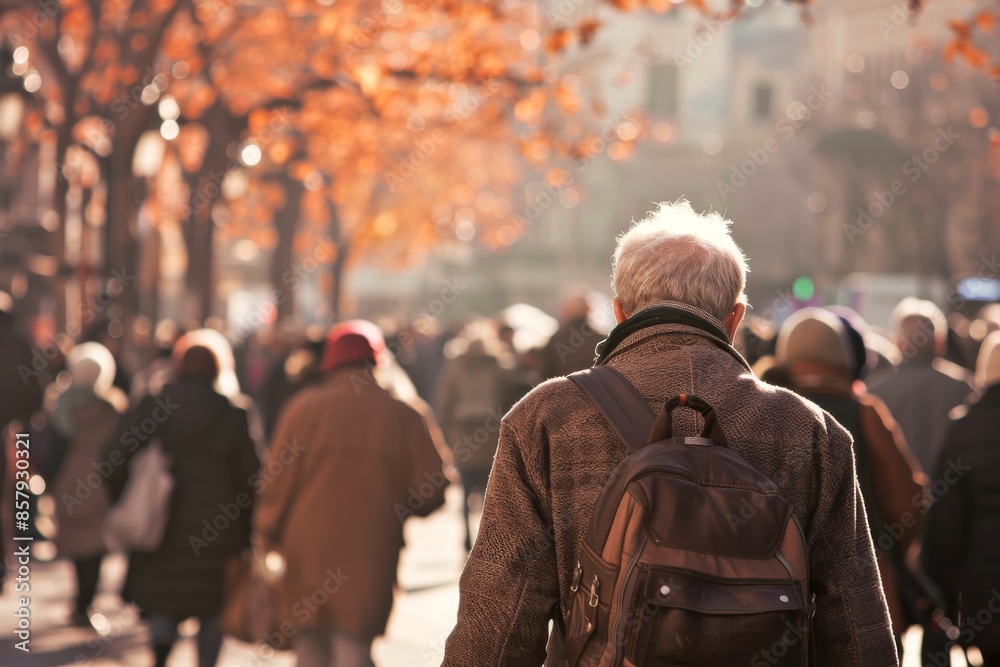Back view of an elderly man with a backpack walking in the city. Back view of an elderly man with a backpack walking in the city.