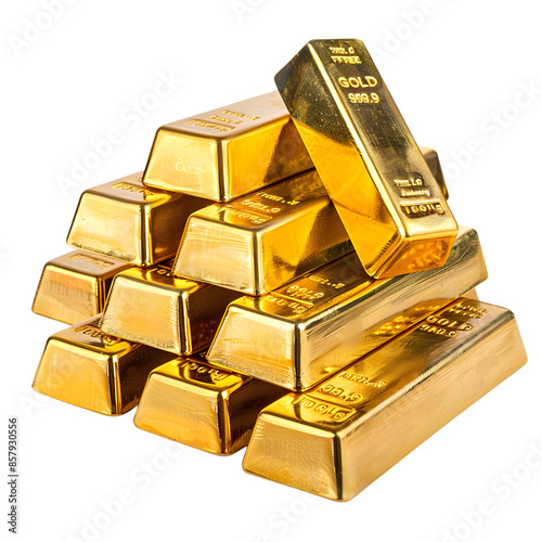 A stack of gold bars. The bars are arranged in a pyramid shape, with a single bar standing upright at the top.