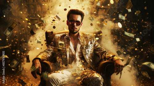 wealthy man in a gold suit sitting on a throne with sunglasses, money and golden coins flying around him, a golden light background, an epic shot