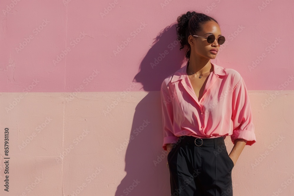 A model wearing a simple, monochrome outfit standing against a plain, pastel-colored wall, creating a stark contrast A model wearing a simple, monochrome outfit standing against a plain, pastel-colored wall, creating a stark contrast