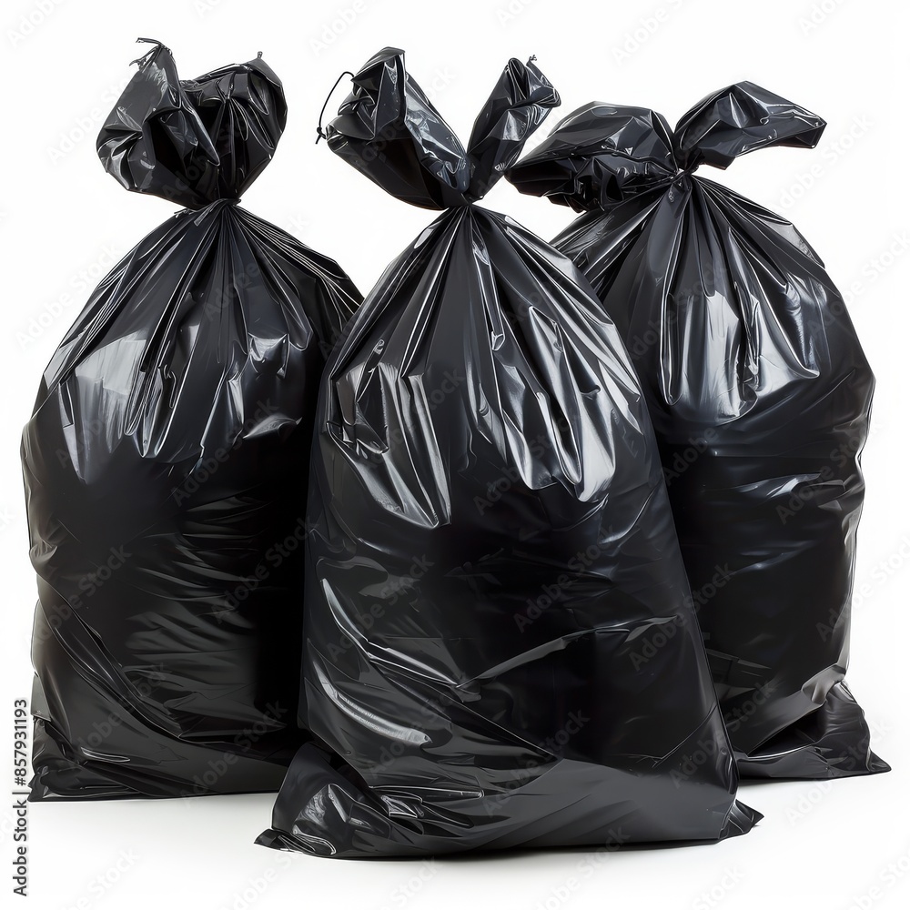 Black trash bag full of garbage isolated on white Black trash bag full of garbage isolated on white