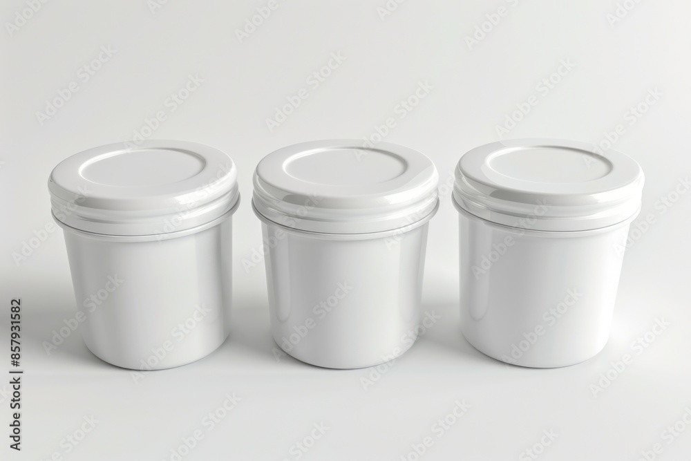 Three white containers arranged neatly on a white surface Three white containers arranged neatly on a white surface