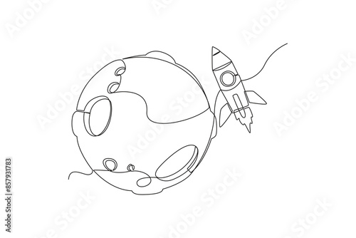 One continuous line drawing of Rocket passes over the moon in space. Outer space and astronaut minimalist universe concept. Dynamic single line draw design vector graphic illustration