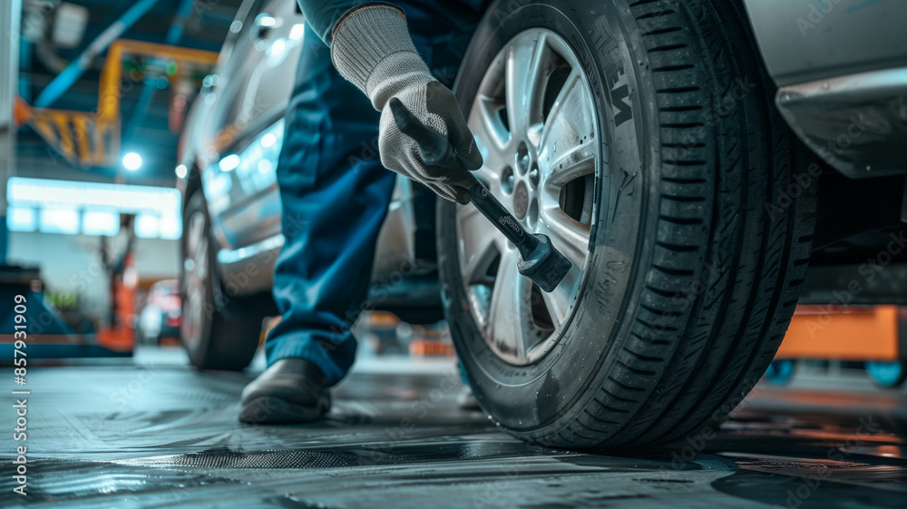 A mechanic's perspective of changing a tire in a busy auto repair shop, capturing the atmosphere and activity. Ai generated A mechanic's perspective of changing a tire in a busy auto repair shop, capturing the atmosphere and activity. Ai generated