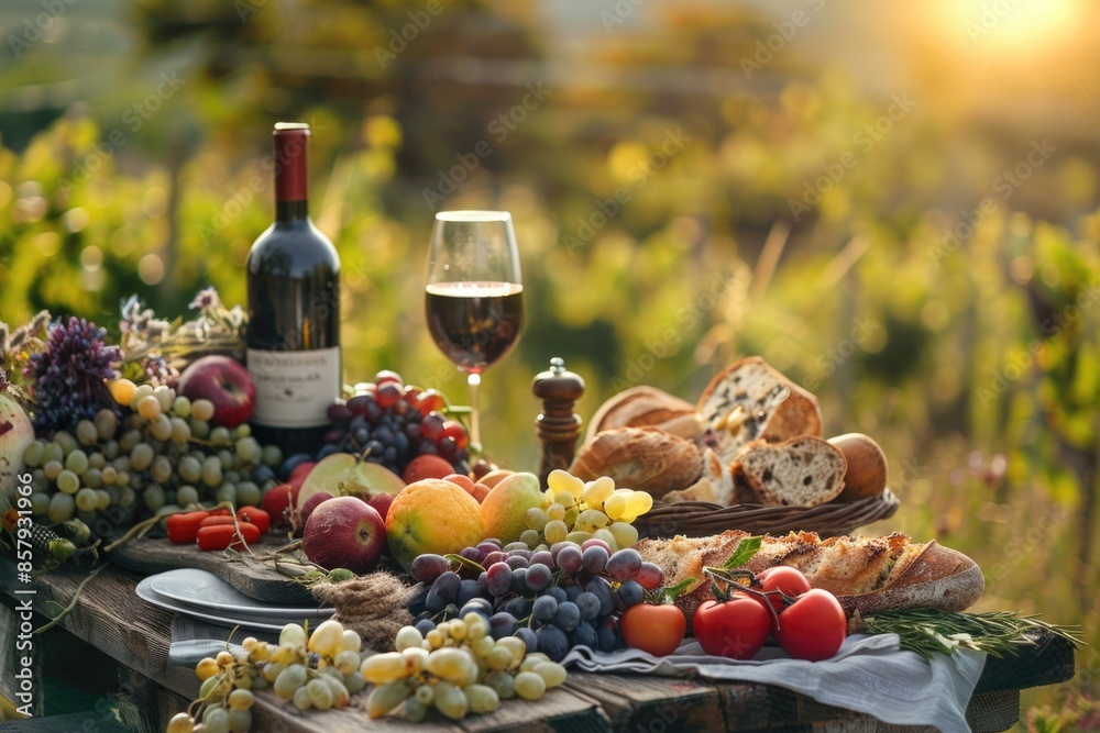 A wooden table filled with various food items and a glass of wine, perfect for a gathering or dinner party A wooden table filled with various food items and a glass of wine, perfect for a gathering or dinner party