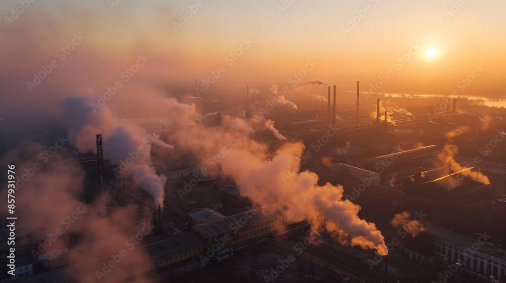 Obraz premium Top view of a metallurgical plant with intense smoke emissions seen in the early morning light