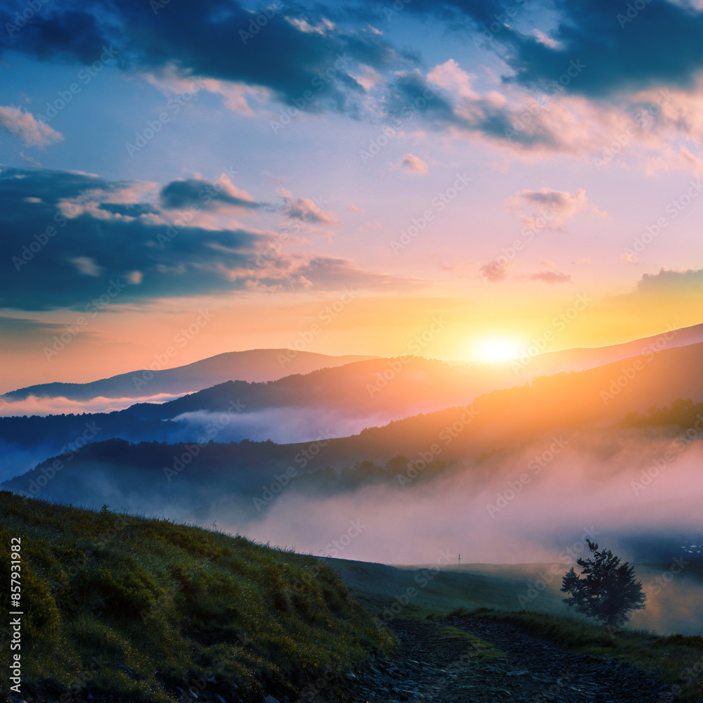 Fototapeta premium panoramic summer foggy scenery, scenic sunrise morning view in Carpathian mountains, Ukraine, Europe
