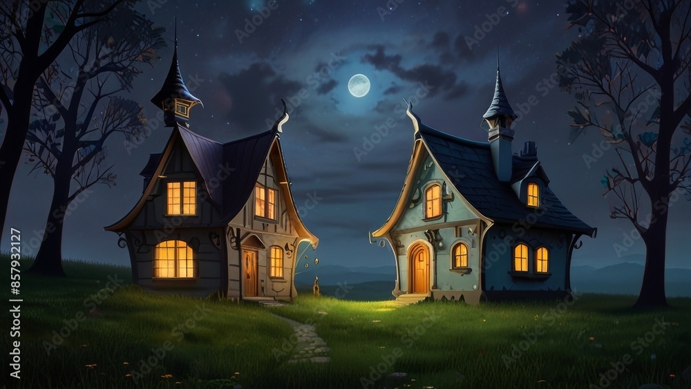 Fototapeta premium Whimsical Houses Under Moonlit Night