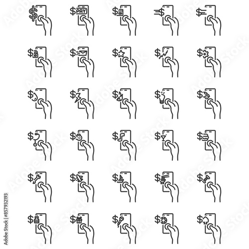 Set of line icons of hand using mobile applications for commerce and services.
