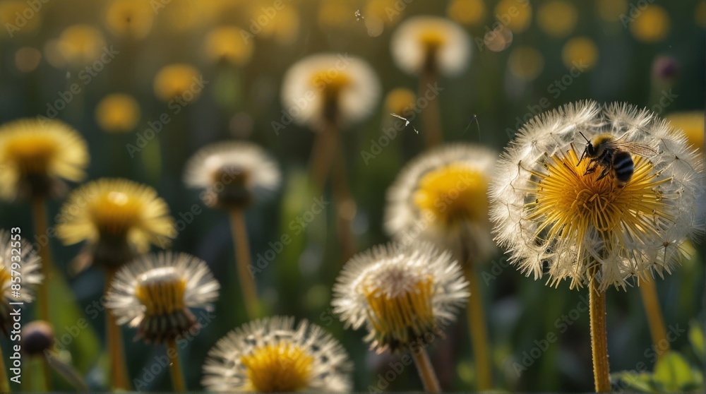 Obraz premium Bee Collecting Nectar from Dandelion at Sunset