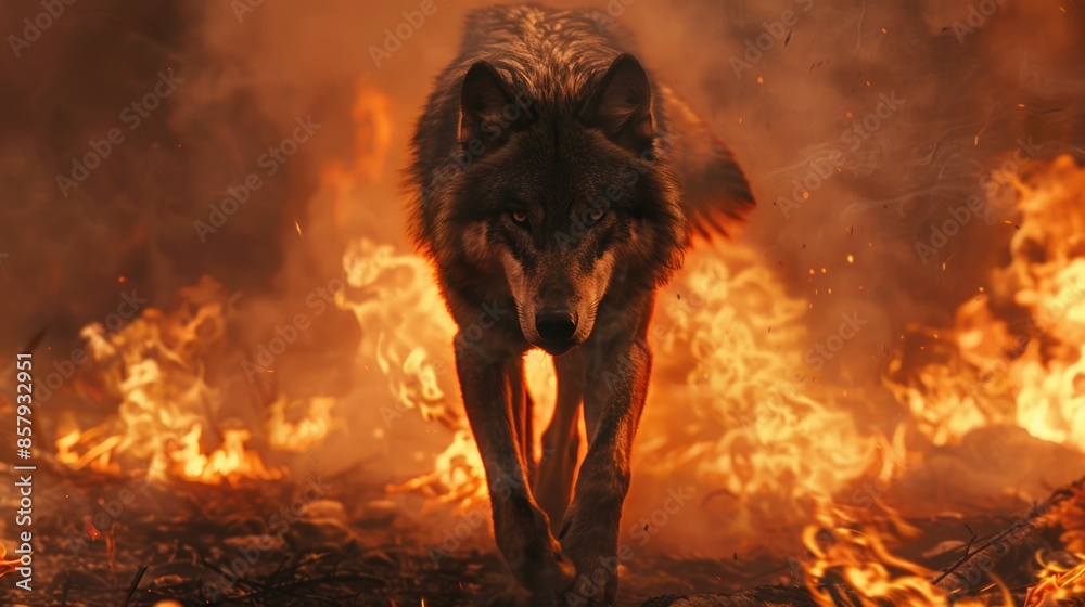 A lone wolf wandering through a field of flames, with smoke and fire surrounding it A lone wolf wandering through a field of flames, with smoke and fire surrounding it