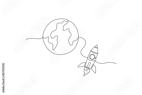 One continuous line drawing of Rocket back to earth so fast. Outer space and astronaut minimalist universe concept. Dynamic single line draw design vector graphic illustration