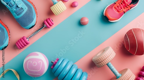 Sport equipment creative flat lay of sport and fitness equipments on pink and blue background