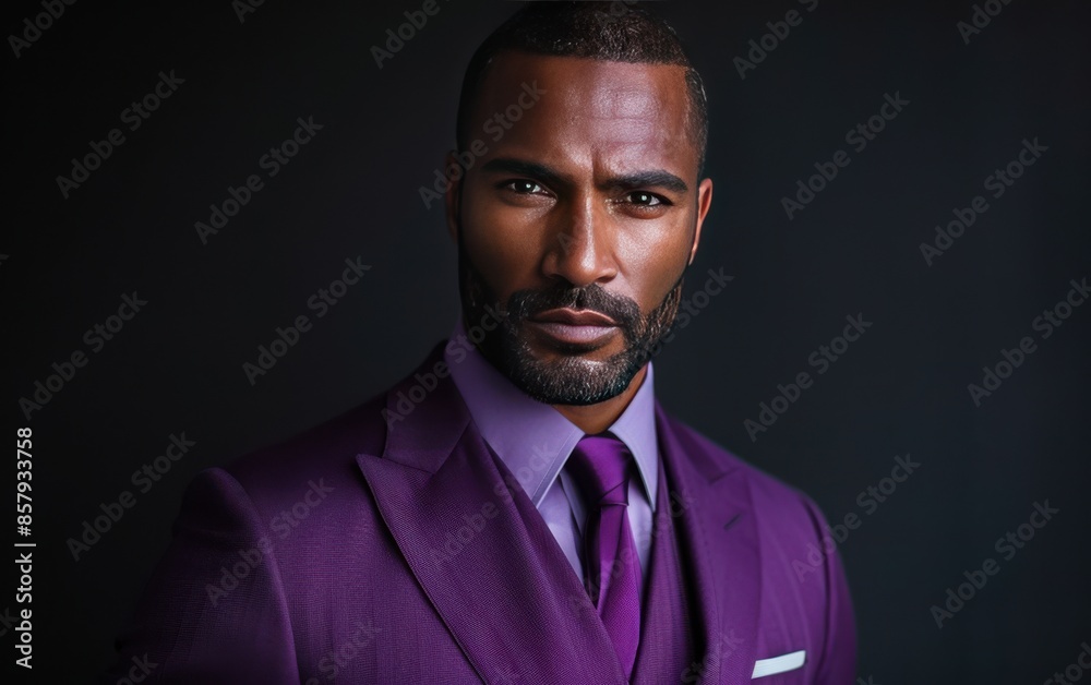 A Confident Man in a Purple Suit Posing for a Portrait Against a Black Background A Confident Man in a Purple Suit Posing for a Portrait Against a Black Background