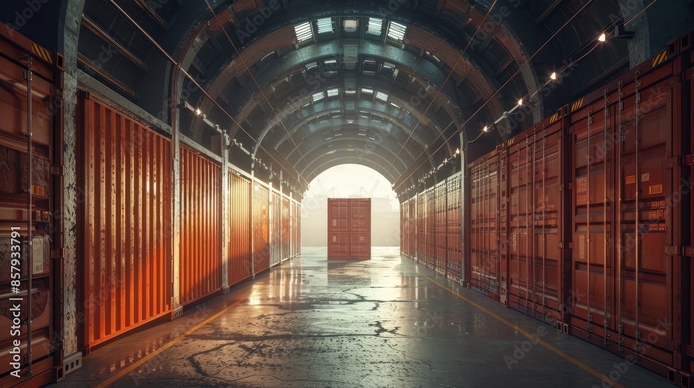 Warehouse tunnel filled with containers boxes, a cargo freight ship visible outside, representing export logistics, raw style Warehouse tunnel filled with containers boxes, a cargo freight ship visible outside, representing export logistics, raw style