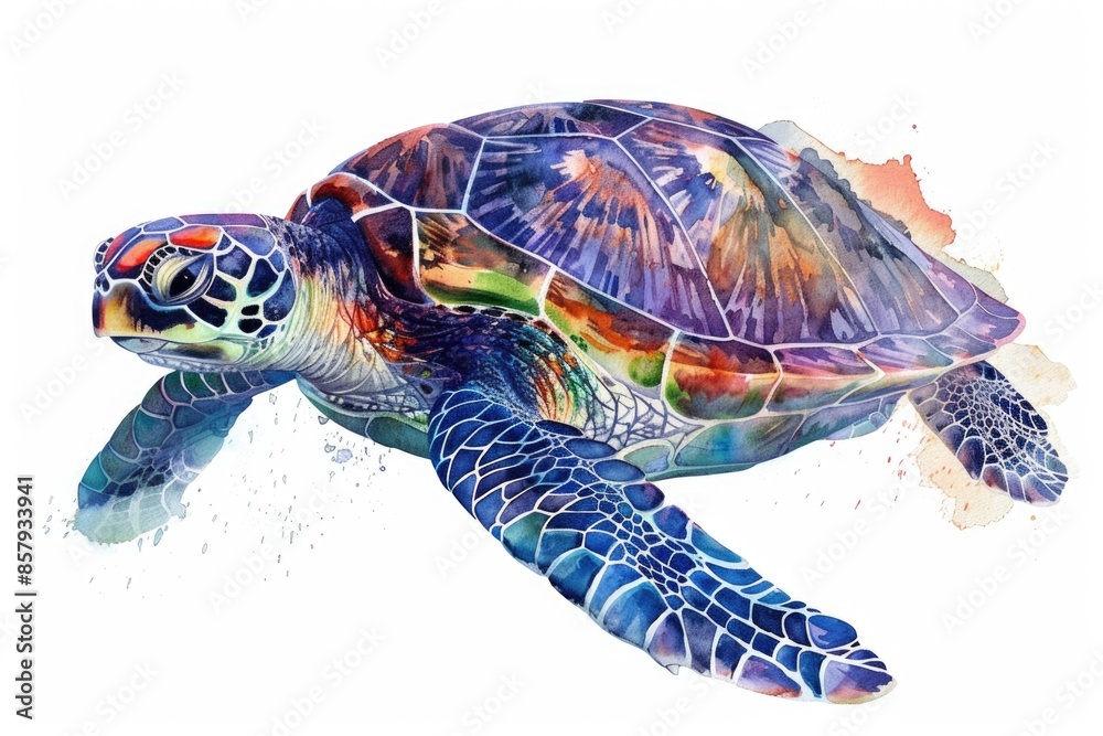 Fototapeta premium Illustration of a sea turtle swimming in the ocean with seaweed and coral