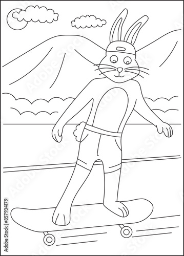 rabbit skate funny coloring book page