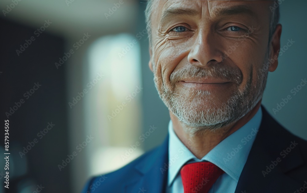 Close Up Portrait of a Middle-Aged Man in a Blue Suit Smiling