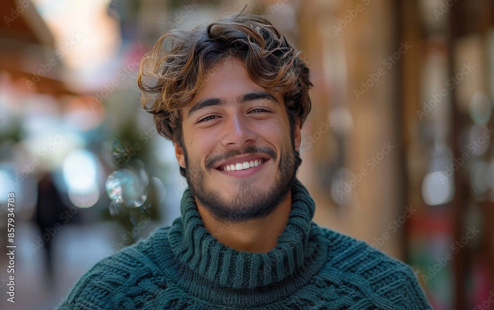 Smiling Man With Long Wavy Hair Wearing a Green Sweater Smiling Man With Long Wavy Hair Wearing a Green Sweater