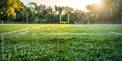 University football field in daylight with vibrant green grass. Concept Outdoor Photoshoot, Vibrant Green Grass, University Football Field, Daylight Setting, Sporty Theme photo