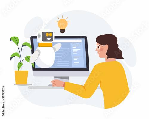 People and artificial intelligence robots communication use chatbots for business help online.