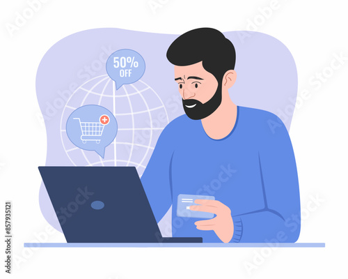 online shopping with e wallet digital payment online transaction men sitting and holding debit card for order