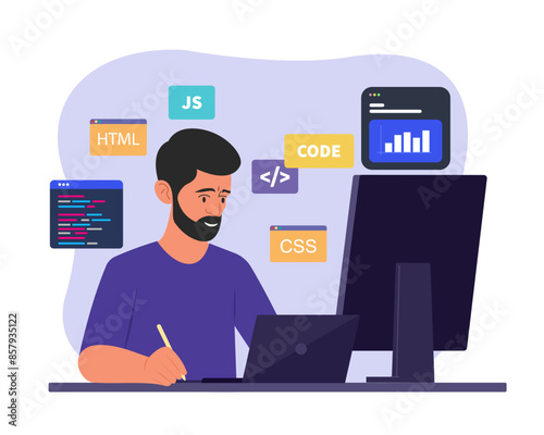 computer programmer men working on coding, programming, application development python, php and java script on computer