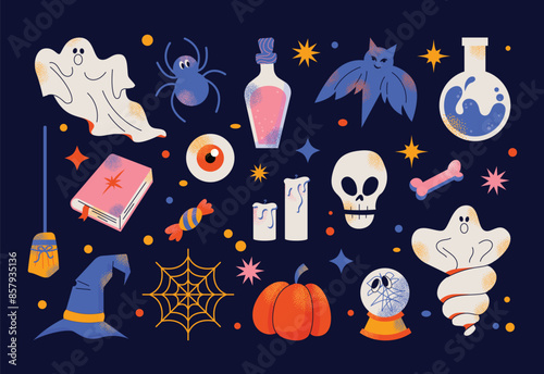 Cute kids Halloween set. Pumpkin, creepy ghost, skull, web, candy and bat. Cute cartoon spooky characters and elements. October holiday stickers, design elements isolated on background