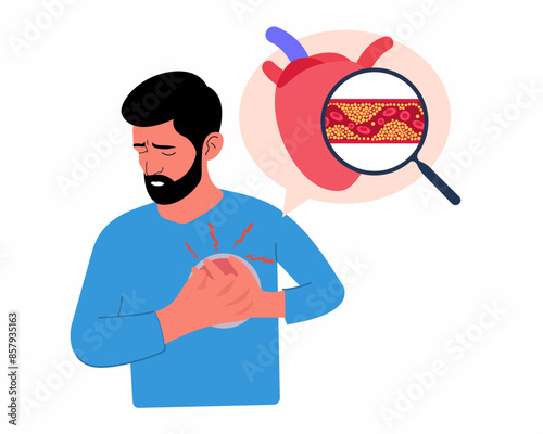 Man with heart disease holding his chest artery blocked with high cholesterol level