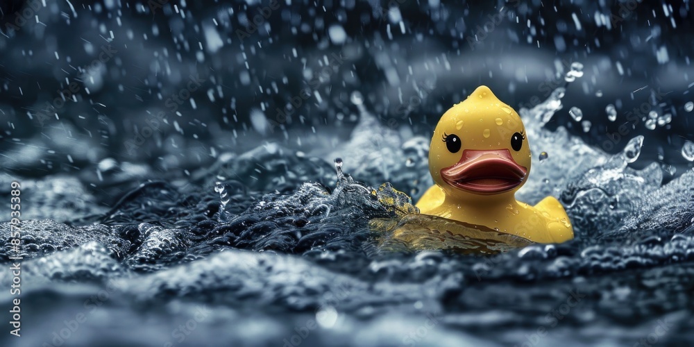 A rubber ducky floats peacefully on the surface of calm water A rubber ducky floats peacefully on the surface of calm water