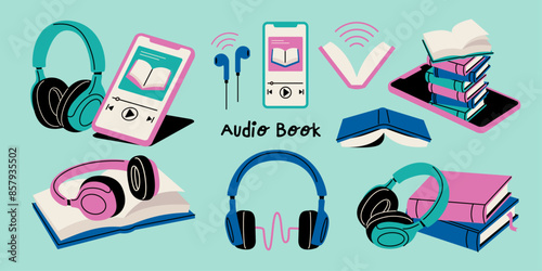 Vector illustration set of audiobook related items