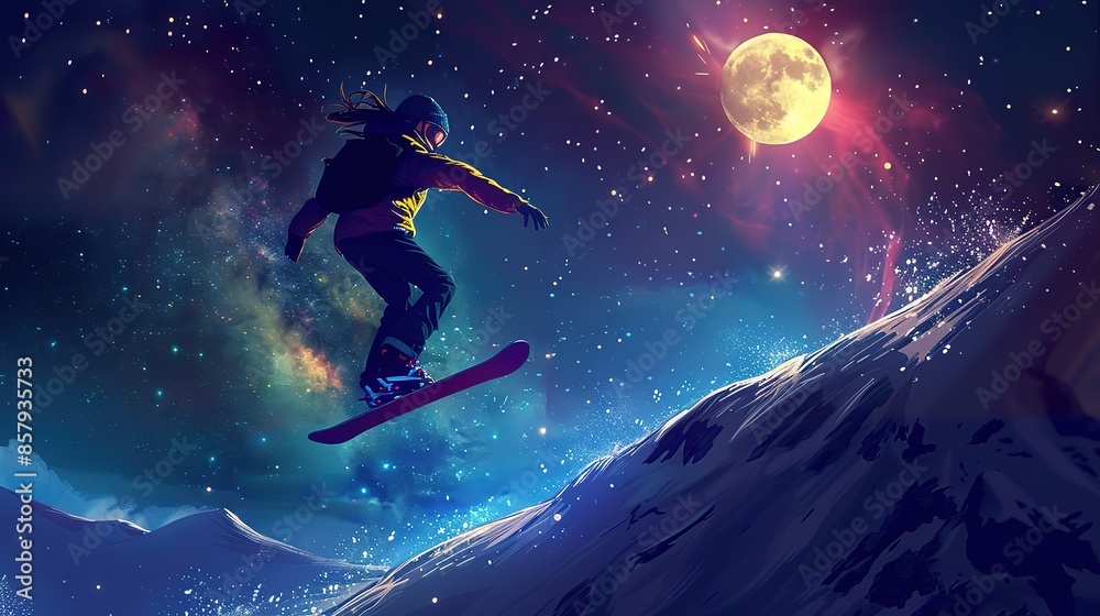 Beautiful Woman snowboarding in wintertime with dreamy landscape and pastel shades Beautiful Woman snowboarding in wintertime with dreamy landscape and pastel shades