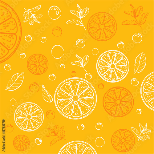 Silhouette Vector Drops Fresh Orange Fruits with leaf slice with Yellow  Background